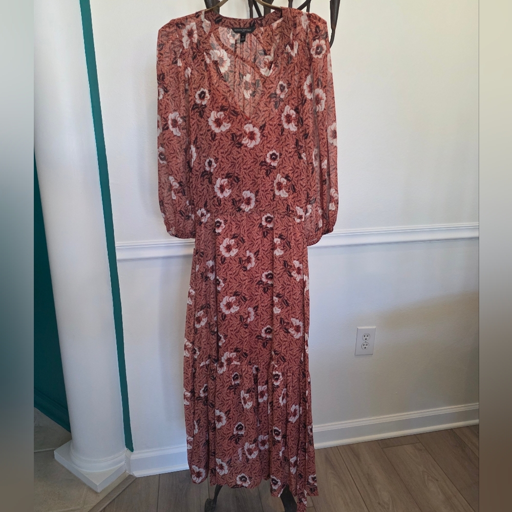 Banana Republic Terracotta Floral Boho Maxi  V Neck Dress w/ Tie Waist - M